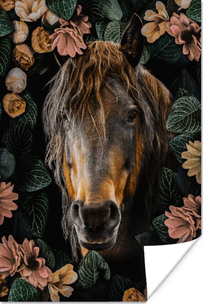 MuchoWow Poster Pferd - Blumen - Blätter 20x30 cm - Papierdruck