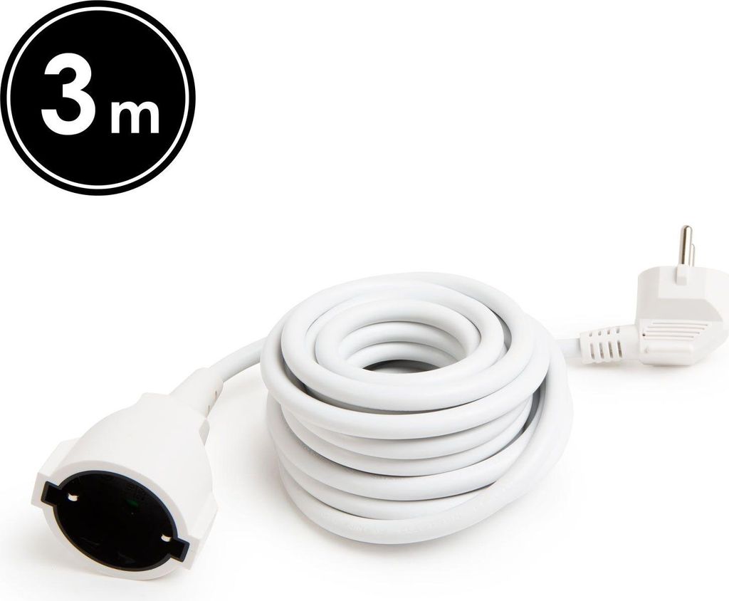 Verlängerungskabel - 3 m - Weiß - 90°-Stecker - CEE 7/7 auf Schuko CEE 7/4 - 3×1,5 mm² H05VV-F - 250 V AC - 10/16 A - IP20 - Für Haus, Büro ...