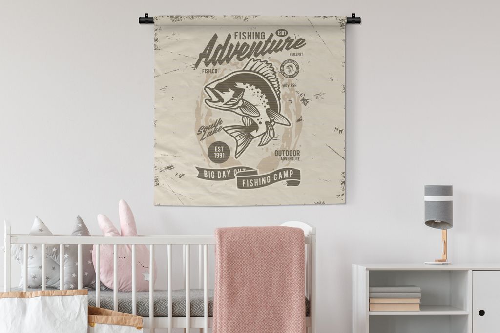 MuchoWow Wandteppich Wandbehang Fisch - Retro - Zitat 90x90 cm Tapisserie Dekoration Wandtuch - Wandaufhänger