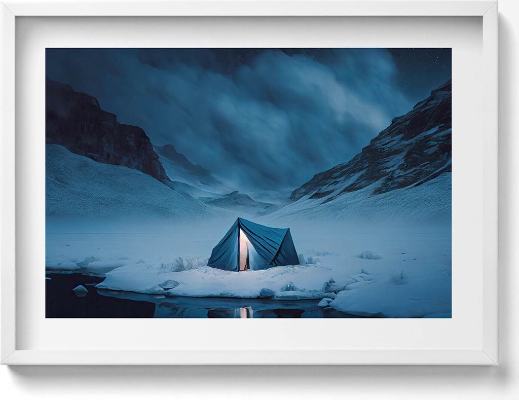 Zelt in den Bergen von Island– Wandbild mit Rahmen – Gerahmtes Bild – Wanddekoration – 70x50 cm – Weiß Rahmen
