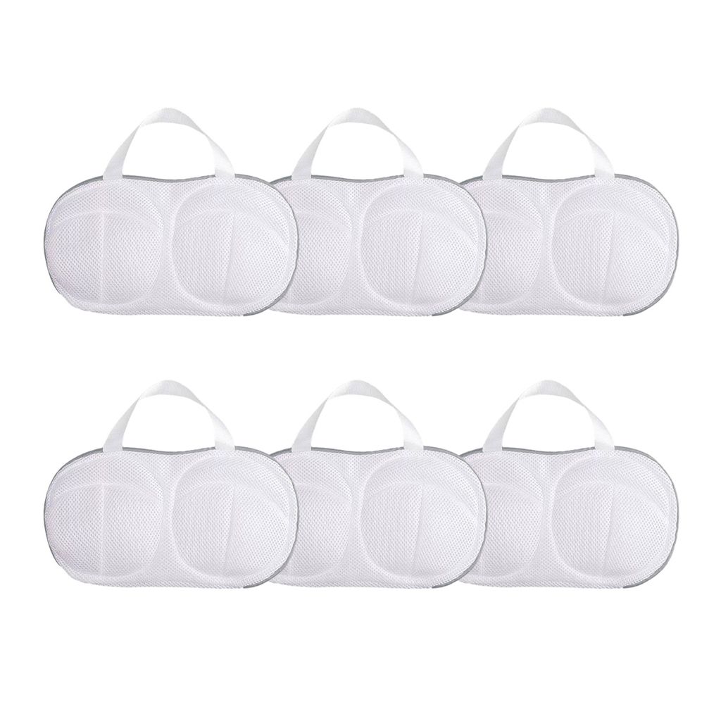 Six white mesh laundry bags for bras are arranged in two rows of three against a white background.