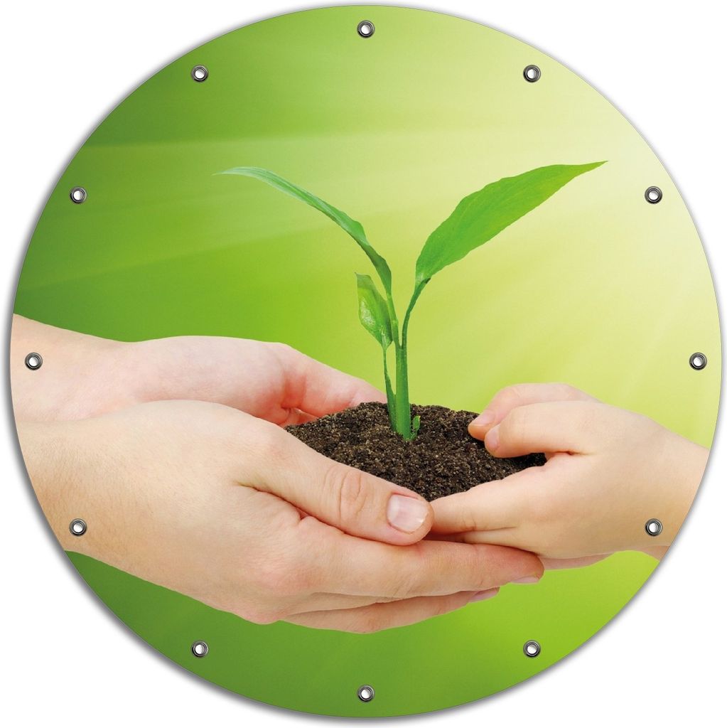 Wallario rundes Outdoor-Poster für Garten oder Balkon, Motiv Eine zarte Pflanze - von Hand zu Hand, 90 cm Durchmesser
