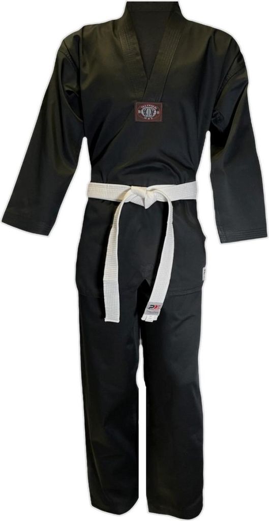 Taekwondo Dobok Basic mit V-Revers schwarz - SET (Schlupfjacke, Hose, weißer Gürtel)