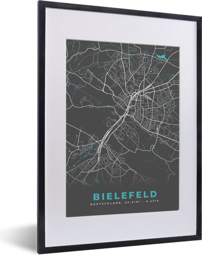 MuchoWow Gerahmtes Poster Deutschland - Blau - Bielefeld - Stadtplan - Karte 30x40 cm - Poster mit Schwarzem Bilderrahmen Wandposter Rahmen Foto ...