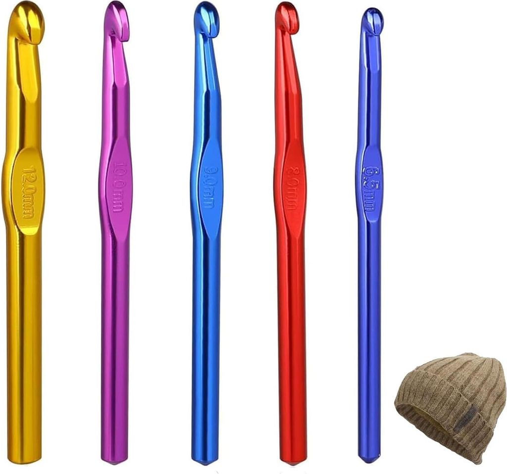 5-teiliges buntes Aluminium-Häkelnadel-Set, ergonomische Griffe für Strick- und Häkelprojekte, inklusive 5 mm Häkelnadel