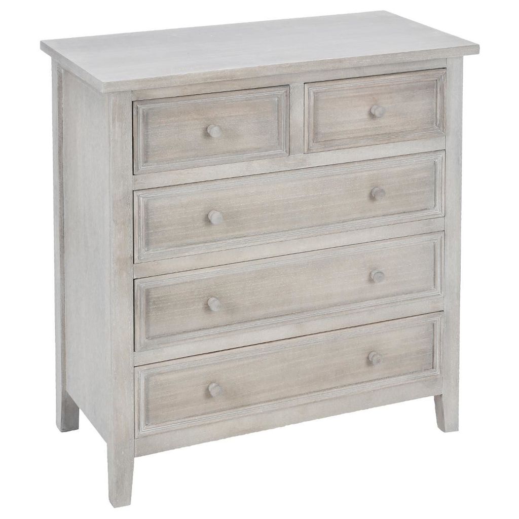 A light gray wooden dresser with five drawers against a white background.