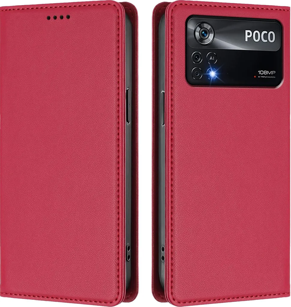 Custodia per Xiaomi Poco X4 Pro 5G, Flip Cover in Finto cuoio antiurto magnetica con supporto rosso