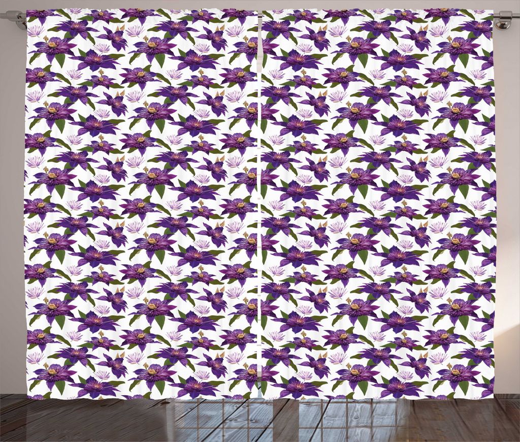 ABAKUHAUS Blumen Rustikaler Gardine, Clematis Blüten Blick, Schlafzimmer Kräuselband Vorhang mit Schlaufen und Haken, 280 x 245 cm, Lila Dunkelgr...