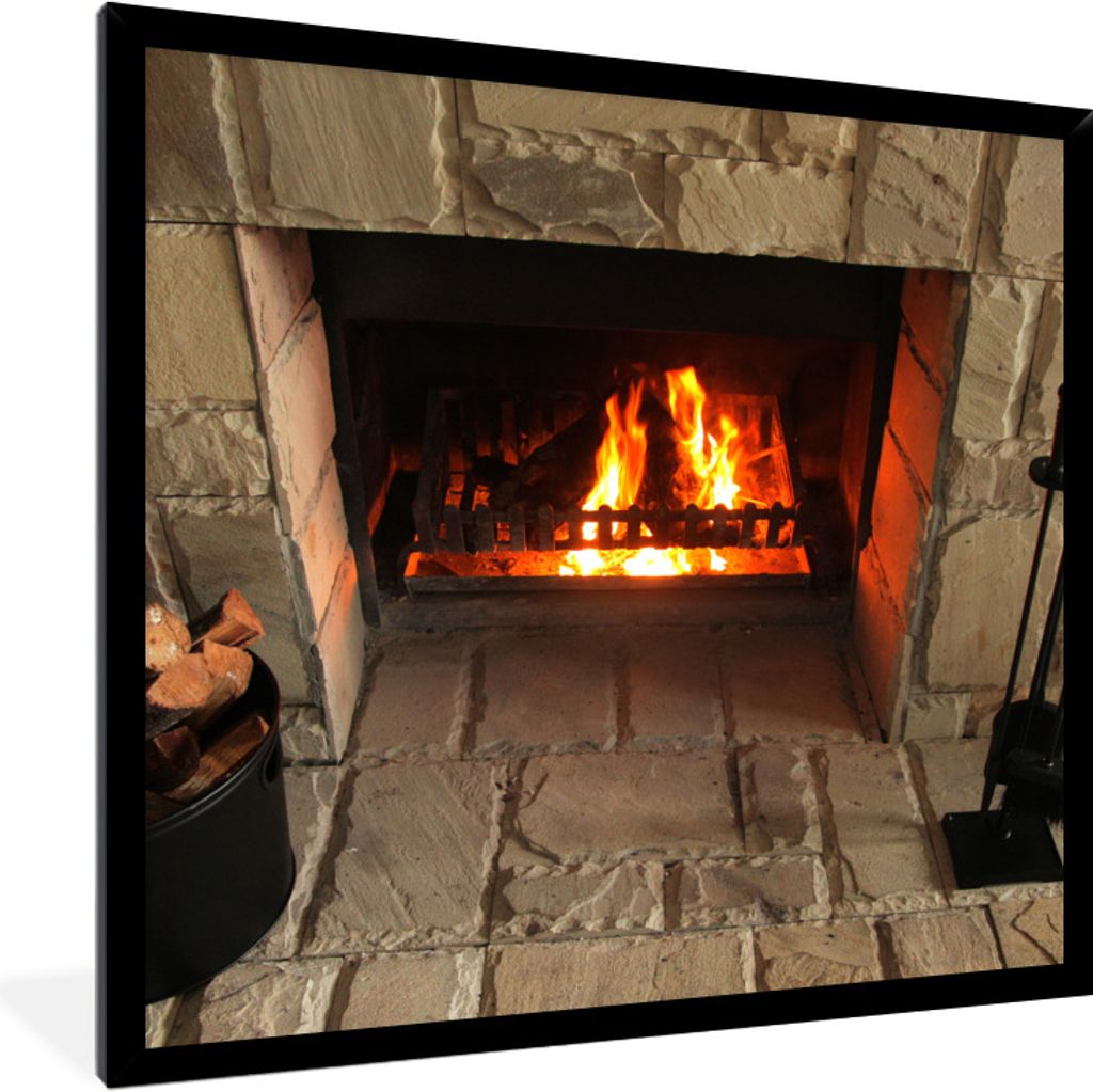 MuchoWow Gerahmtes Poster Feuerstelle in einer Steinmauer 40x40 cm - Poster mit Schwarzem Bilderrahmen Wandposter Rahmen Foto Bilder - Mit Rahmen...