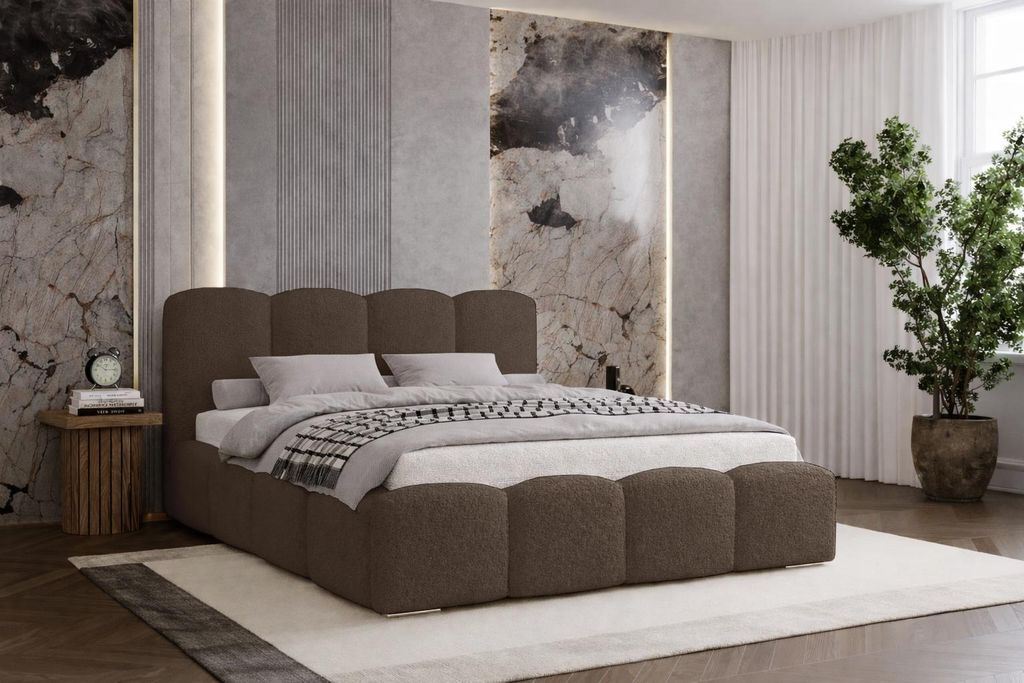 Doppelbett 140x200 Zenna - dickem Schaumstoff, Bett mit Bettkasten und Lattenrost - Bouclé Braun (Lambi 4)