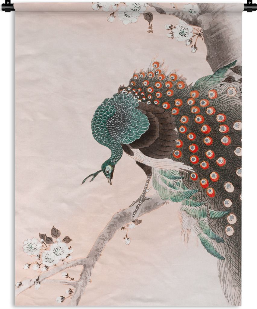 MuchoWow Wandteppich Wandbehang Vintage - Pfau - Japanisch - Pfauenfedern 120x160 cm Tapisserie Dekoration Wandtuch - Wohnzimmer - Moderne