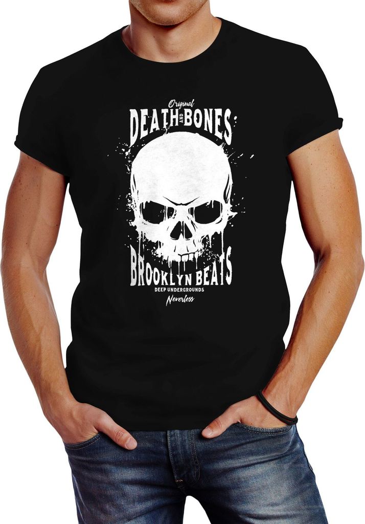 Herren T-Shirt Skull Death and Bones Techno Logo Slim Fit Neverless schwarz XL
