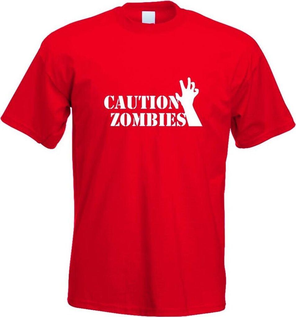 Kiwistar - T-Shirt - rot - Caution Zombies Motiv Bedruckt Funshirt Design Print - mit Motiv Bedruckt - Funshirt Design - Sport - Freizeit - Herren - L