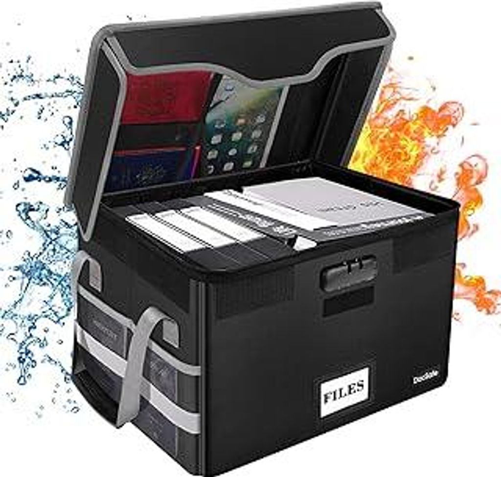 DocSafe Feuerfeste Dokumententasche mit Schloss,Veranstalter mit Deckel, 39 x 31 x 25,5 cm Zusammenklappbare Dokumentenbox Home Office,zur Aufbewah...