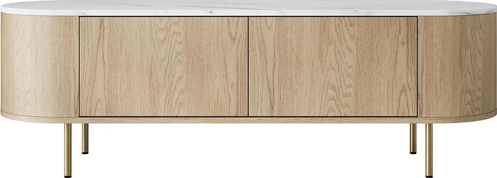 Meuble TV Sansa 139 cm avec Plateau Marbre - 2 Portes Blanc et Finition Bois