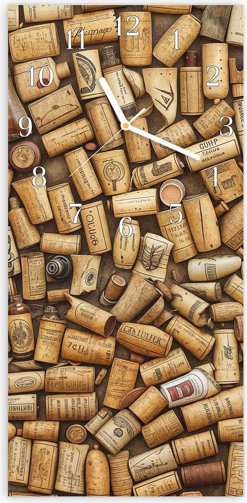 Wanduhr aus Glas mit Motiv Vintage Korken Sammlung- 30 x 60 cm - inkl. Aufhängesystem