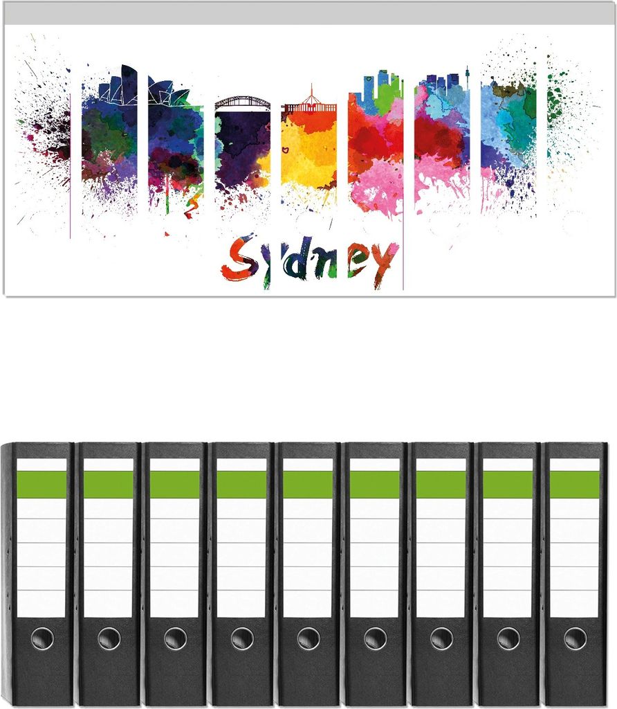 Wallario 9 Stück breite Ordner inkl. Klebeetiketten mit Motive Städte als Aquarell - Skyline von Sydney - Set mit Rückenschildern / Ordnerrück...