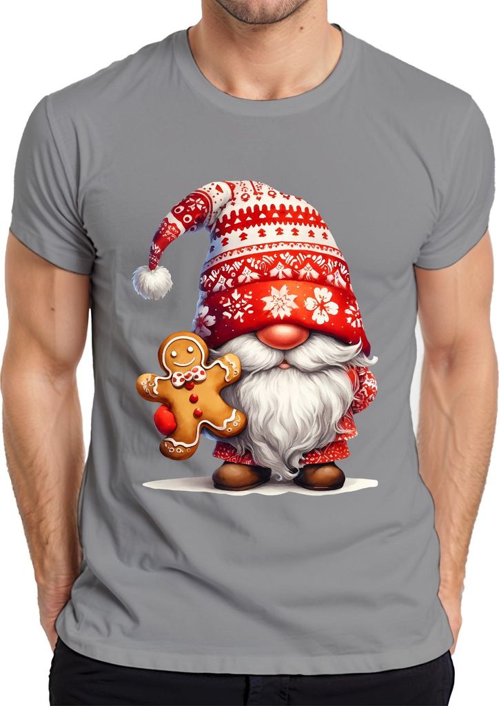Weihnachtsmann mit Lebkuchenfigur roter Weihnachtsmütze Skandinavisch Herren T-Shirt, Grau, M