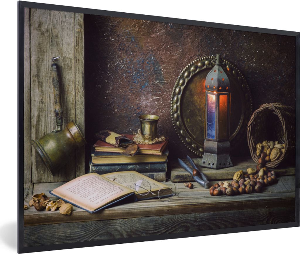 MuchoWow Gerahmtes Poster Buch - Stilleben - Walnuss - Laterne - Vintage 30x20 cm - Poster mit Schwarzem Bilderrahmen Wandposter Rahmen Foto Bild...