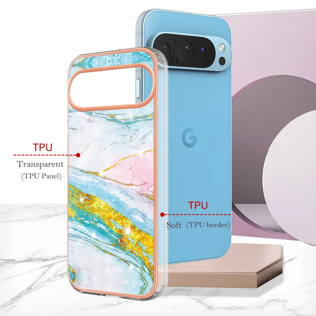 Cover Google Pixel 9 Pro Marmo: Custodia Turchese Morbida Chic Slim - 2