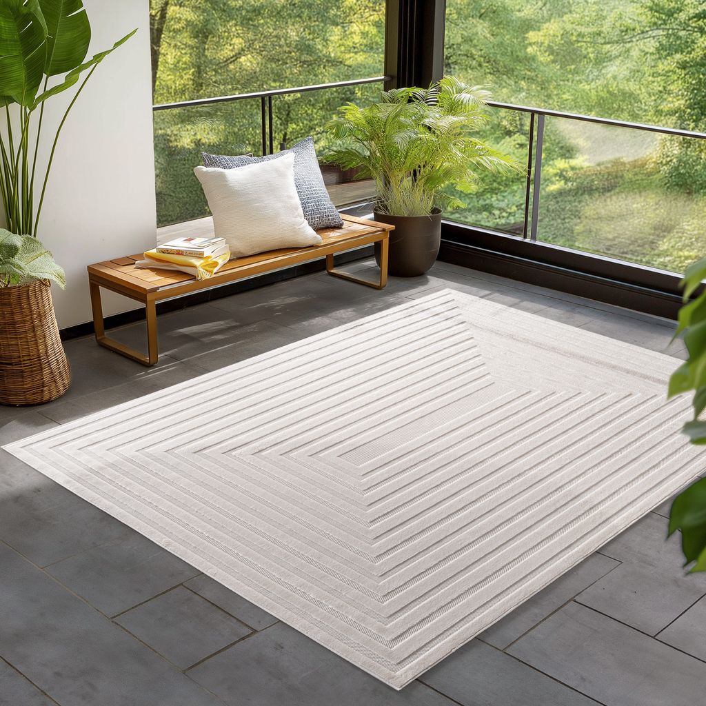 Simpex24 Indoor Outdoor Teppich Wetterfest 3D Optik, Modern Design, Waschbar, Wetterbeständiges, Natur Farbe, Wohnzimmer, Terrasse, Creme-3 Größ...