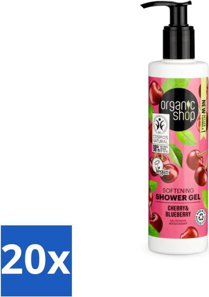 Organic Shop - Gel doccia Ciliegia e Mirtillo - Rinfrescante e idratante - 280 ml - Confezione risparmio - 20 pezzi