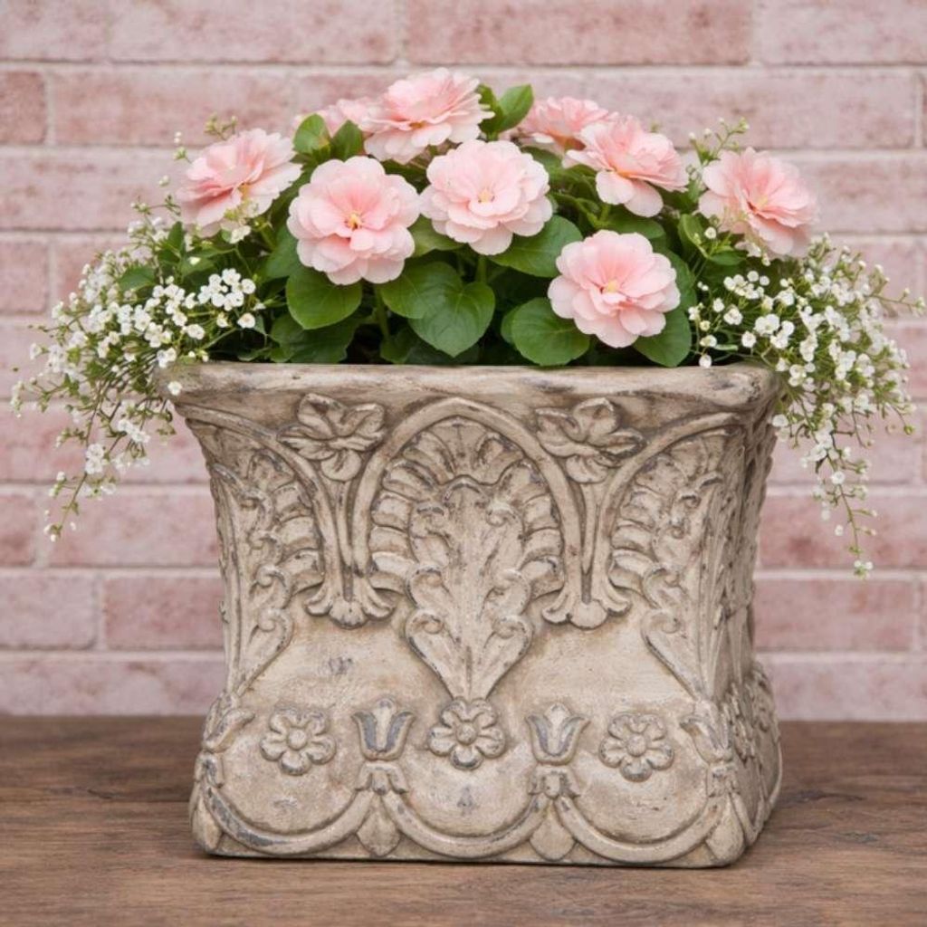 AltoBelli Blumentopf TRIESTE Viereckig mit Blumen Muster Grau Zement 12x12 cm