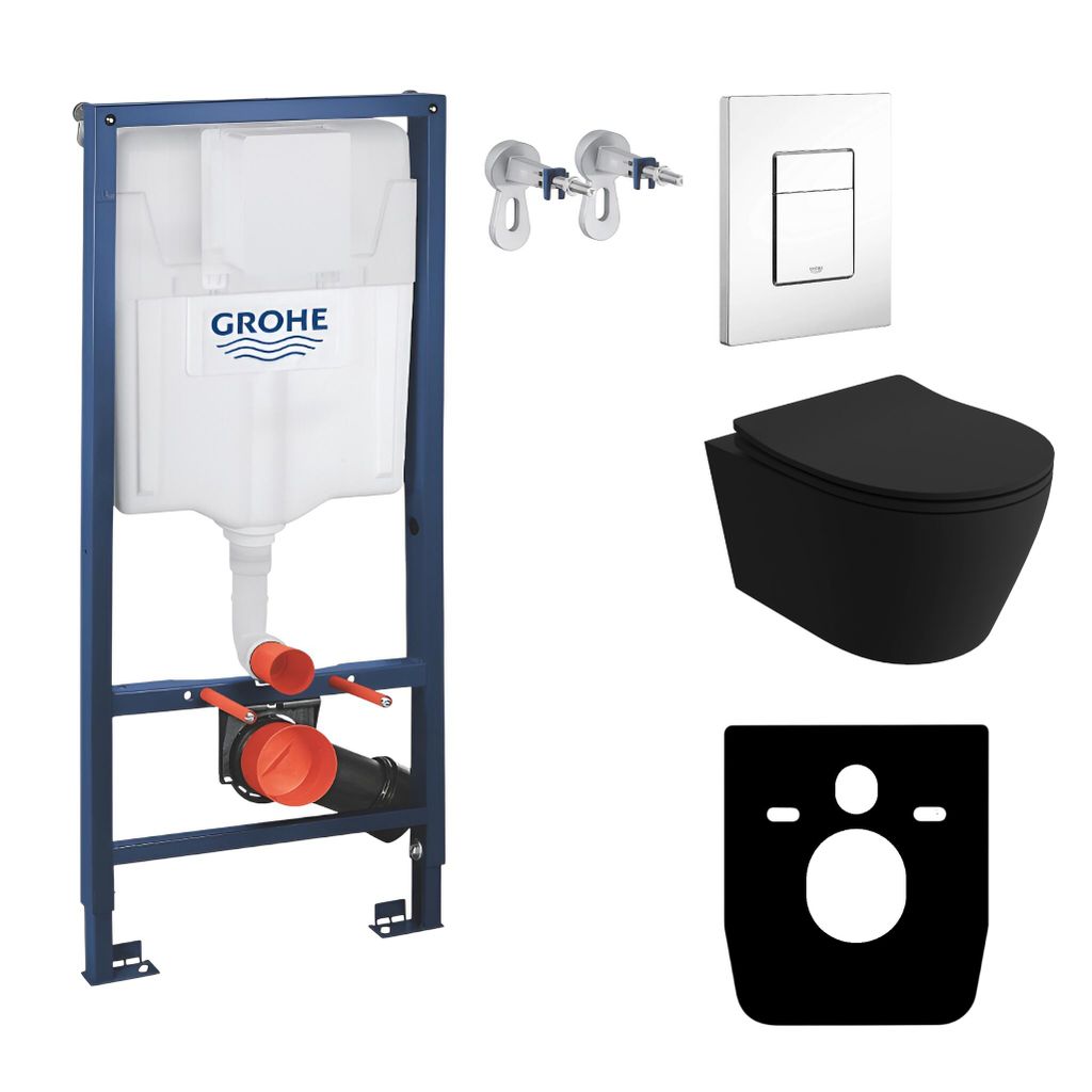 GROHE Vorwandelement Solido + Wand Hänge WC Praia Schwarz Spülrandlos + WC-Sitz SoftClose | Glänzend Weiß Knopf | Komplettset | Unterputz Spül...