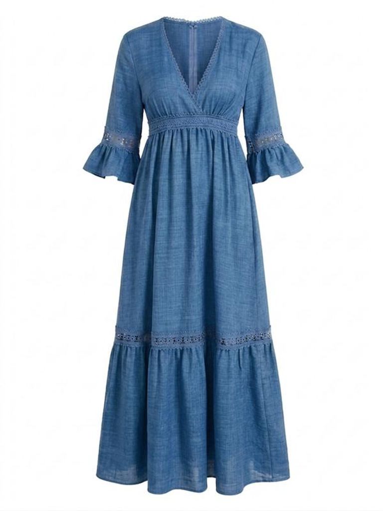 Langes Damenkleid mit Glockenärmeln, V-Ausschnitt und Spitzenbesatz