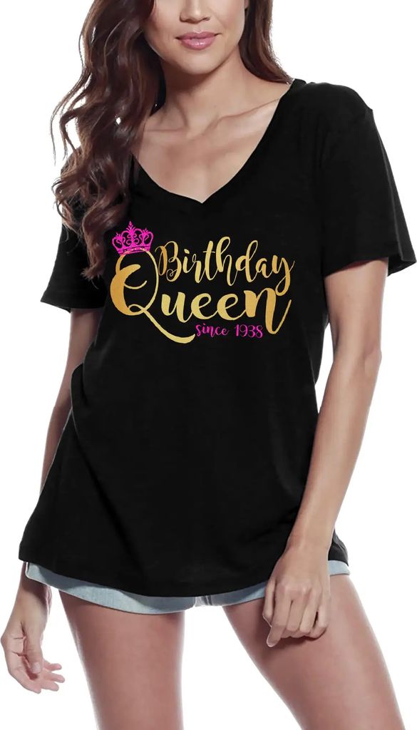Damen Grafik T-Shirt V-Ausschnitt Geburtstagskönigin seit 1938 Jahr – Birthday Queen Since 1938 Year – Geschenk 82. Geburtstag Jahrestag 82 Jahre