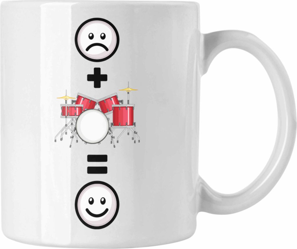 Trendation - Schlagzeug Tasse Geschenk für Schlagzeugspieler :( + Schlagzeug = :) Lustige Geschenkidee Geburtstag (Weiß)