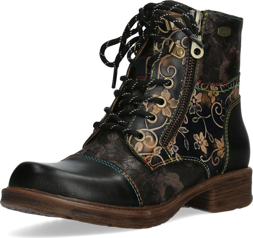 Laura Vita Damen Stiefelette flacher Cap Toe Boot aus Leder mit Blumen Anitao 06, Größe:37 EU, Farbe:Schwarz