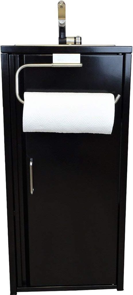 A black mobile sink with a paper towel holder and a faucet.