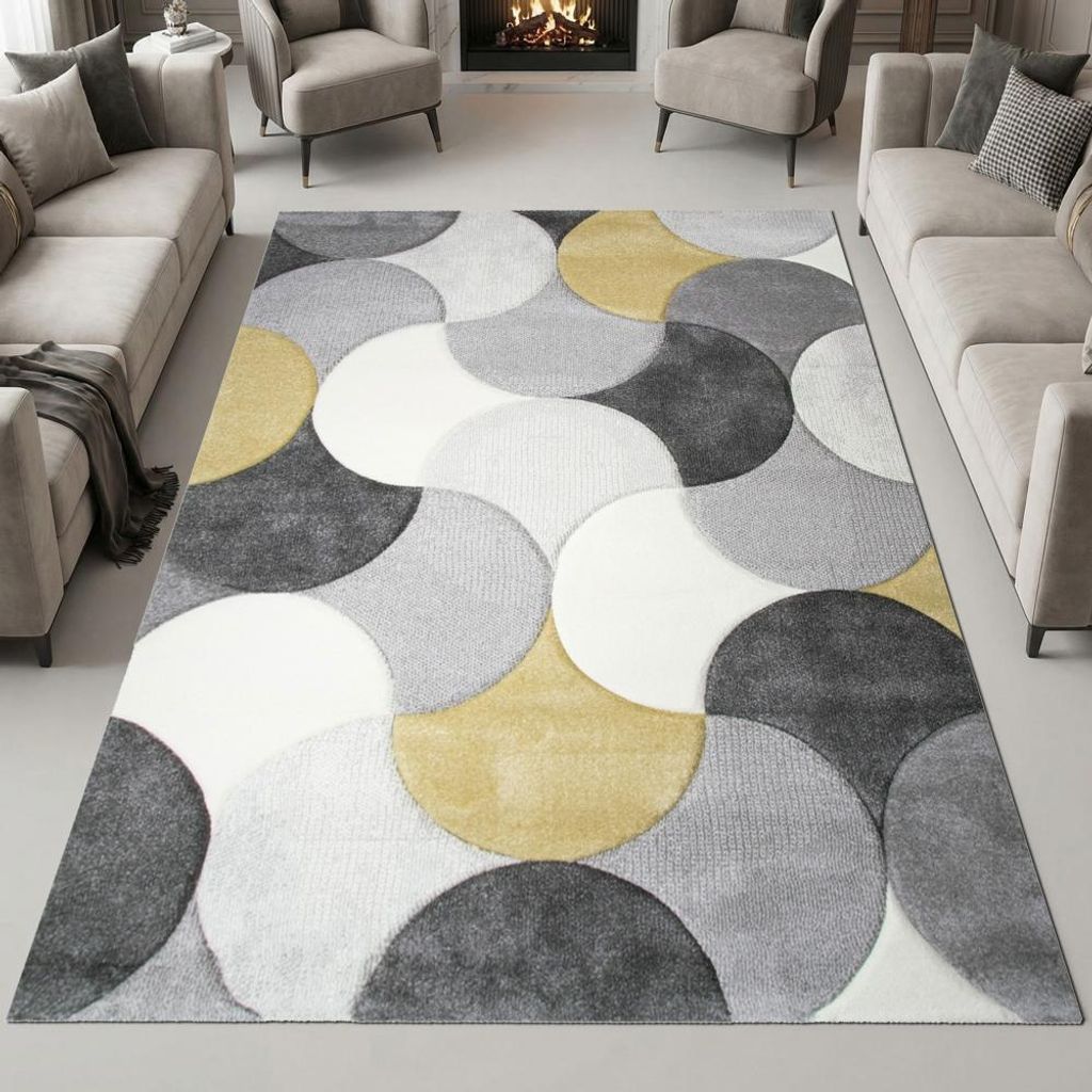 Moderner Teppichläufer grau creme gelb mit Konturenschnitt für Flur Größe - 120 x 170 cm