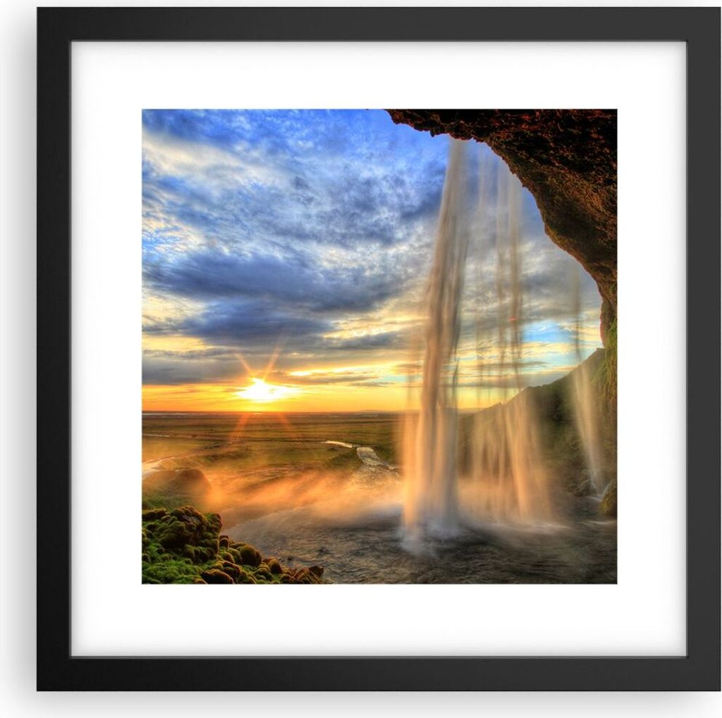 Gerahmtes Poster - Schwarzer Rahmen - Wasserfall Natur Park Sonne - 30x30 cm - Wand Bild - Wanddeko - Wandbilder - Wandposter - Bilderrahmen - Bild...