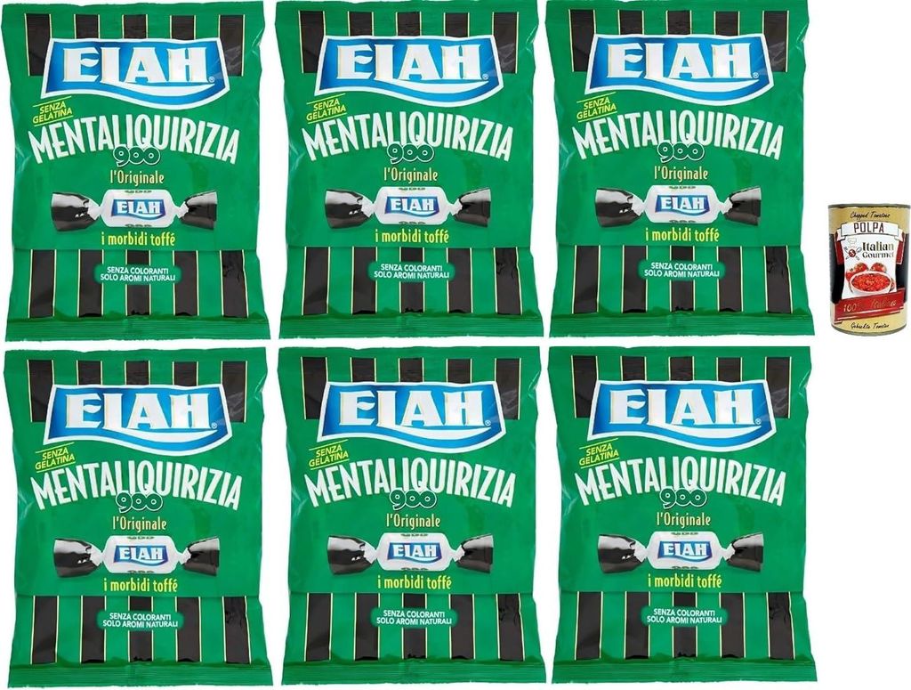Elah Mentaliqurizia, novecento, caramella Toffee Süßigkeiten, Pyperite Mint und Lakritze, bonbons, lollies 6x 150g + Italian Gourmet polpa 400g