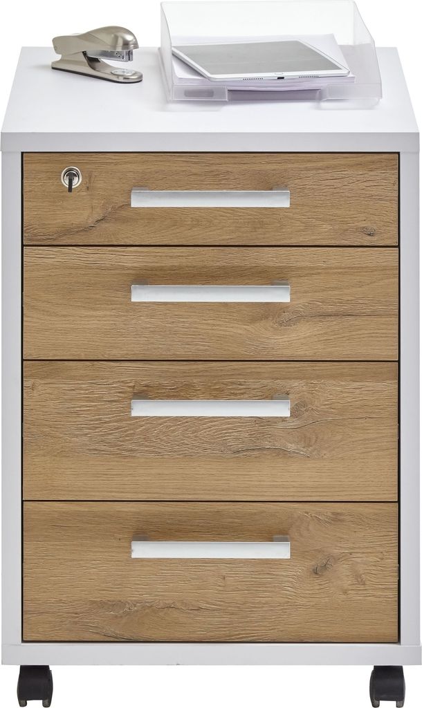 Rollcontainer >CALVIA 4< in Brillantweiß-Alteiche Nachbildung - 48x65,5x49,5cm (BxHxT)