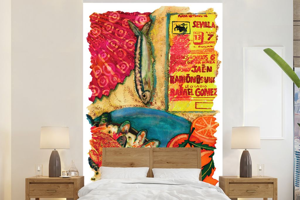 MuchoWow Fototapete für Wohnzimmer oder Schlafzimmer Wandtapete Vinyl Motivtapete Eine Illustration der spanischen Paella - 180x280 cm - Wallpaper