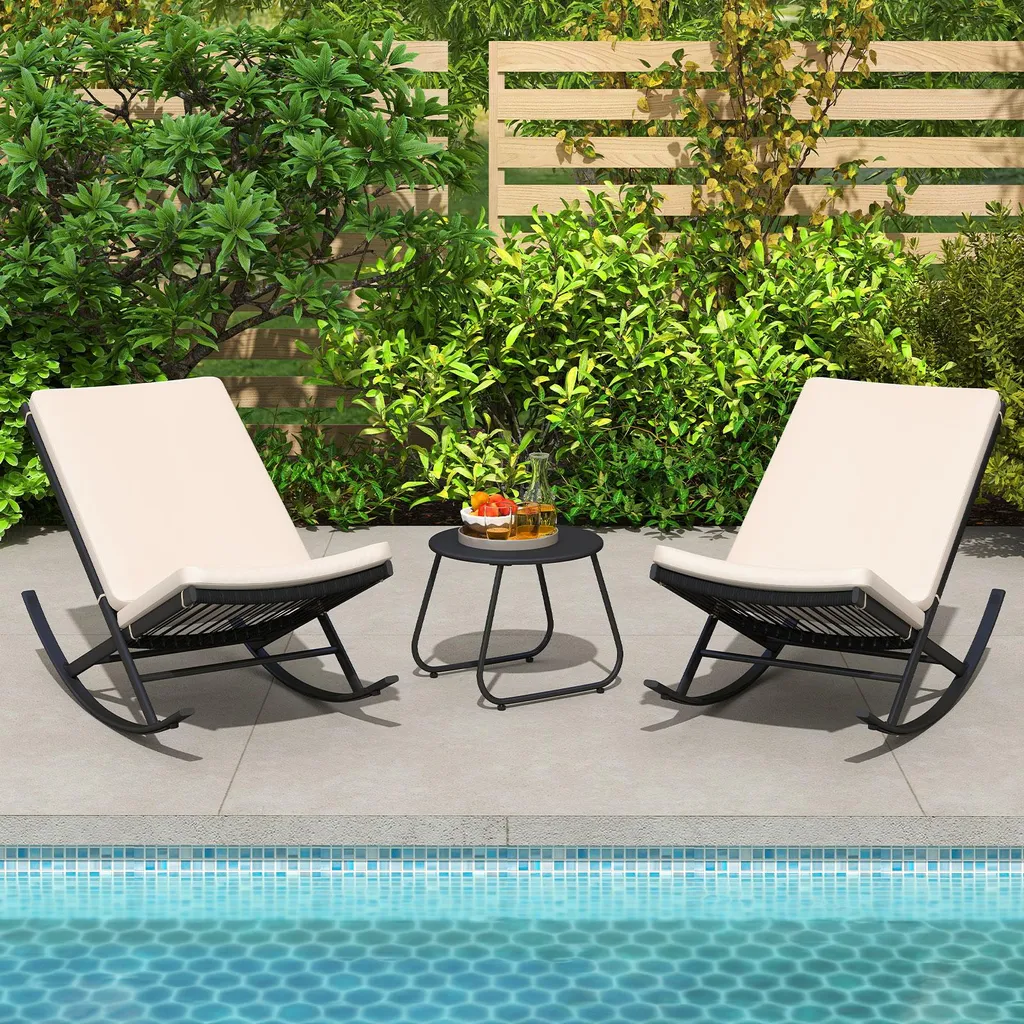 COSTWAY Ensemble 3 Pièces Fauteuil à Bascule de Jardin avec Table Basse - 2