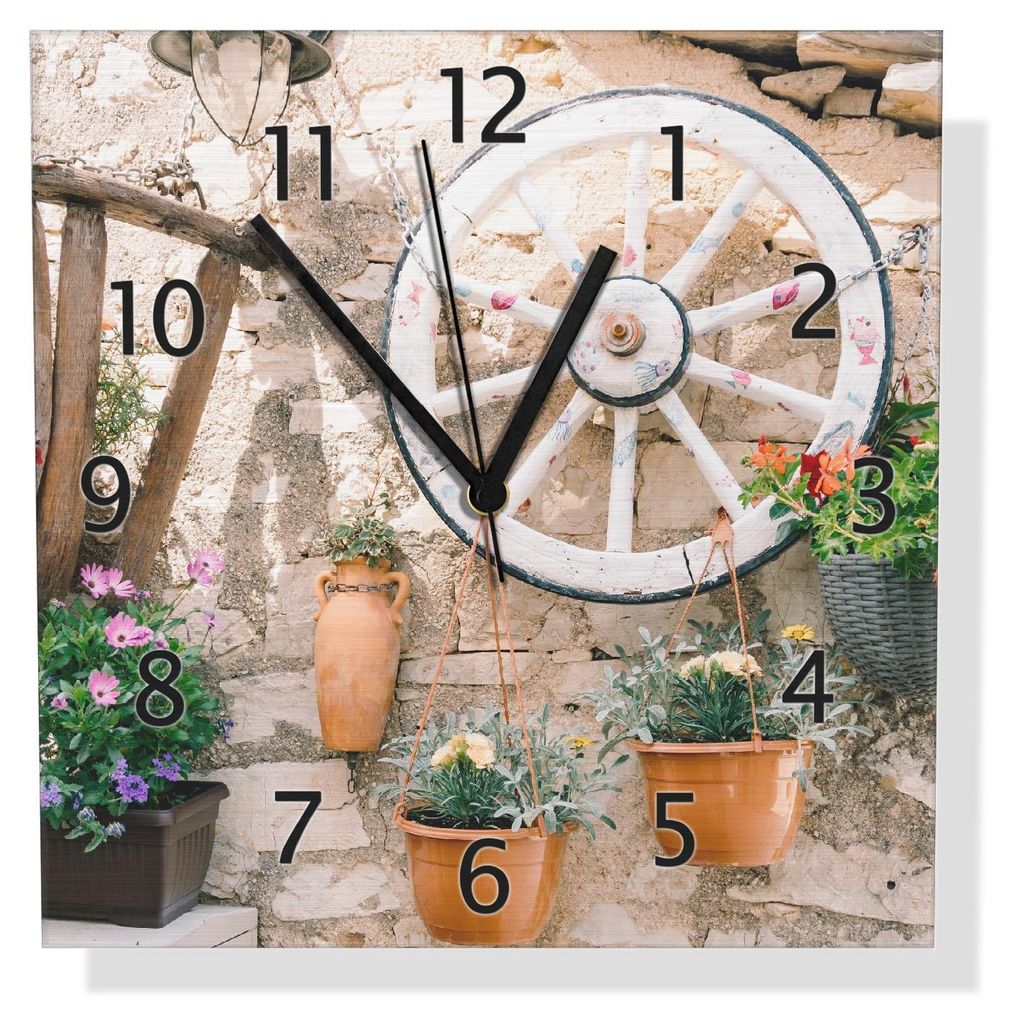Wallario Design Wanduhr Wagenrad an Natursteinwand aus Aluverbund, Größe 30 x 30 cm