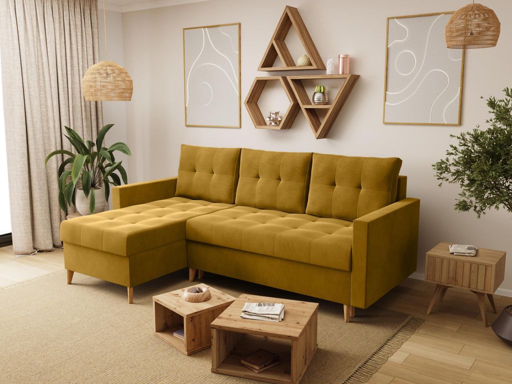 BroMARKT Ecksofa LIZBONA mit Schlaffunktion Bettkasten Kissen Couch Sofa L-Form, Senfgelb