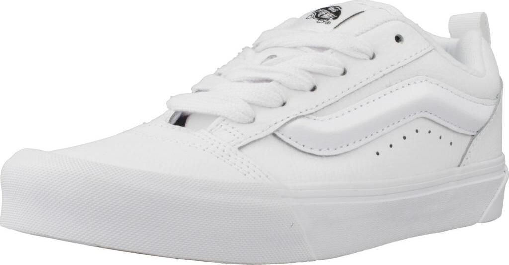 A white Vans Knu Skool sneaker is shown from a side angle against a white background.
