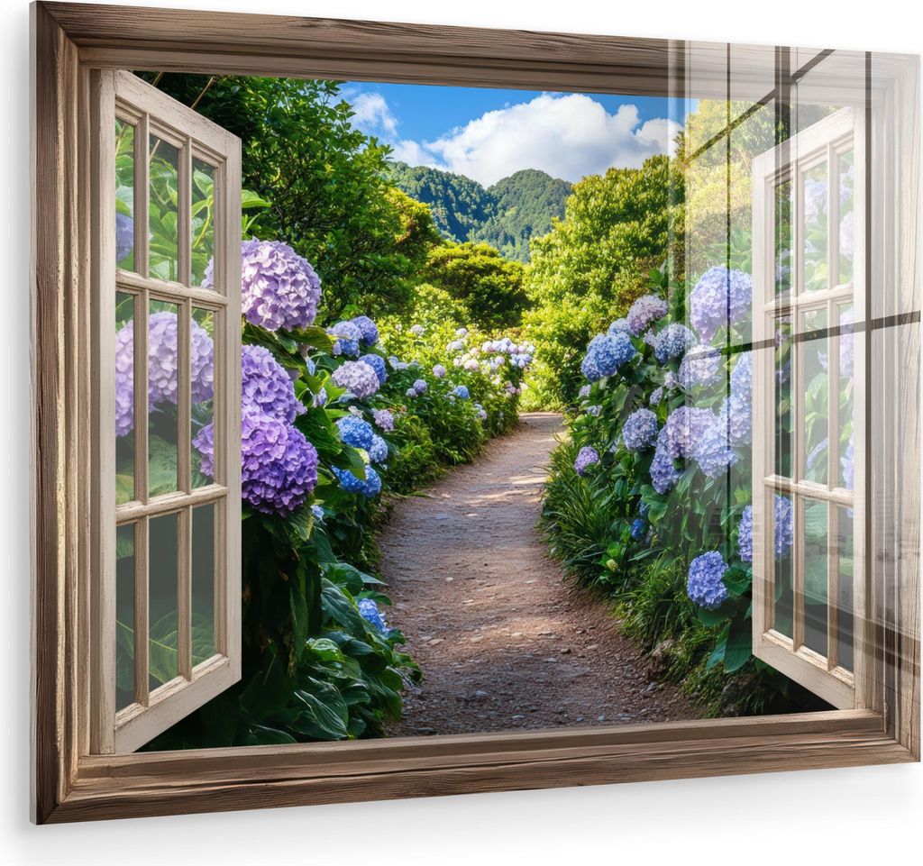 MuchoWow Glasbilder - Bilder auf Wandbild - Foto auf Glas Durchblick - Hortensie - Weg - Natur 80x60 cm Wanddekoration aus Glas - Acrylglasbild - A...