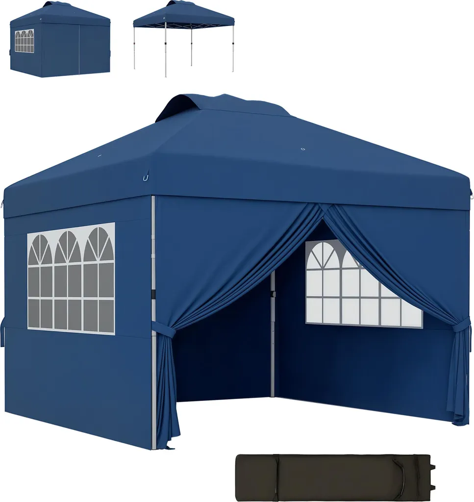 Tente de Réception 3x3m Pop-up Bleue avec Fenêtres et Hauteur Réglable