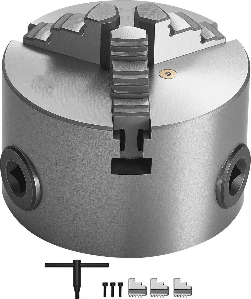 A three-jaw self-centering lathe chuck with a T-handle and three additional chuck jaws is shown against a white background.