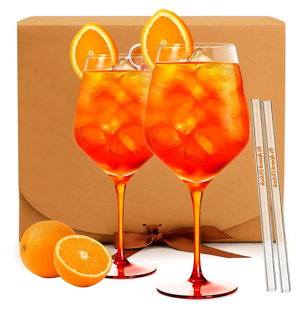 Aperol Gläser Set - 2 Gläser mit orangefarbenem Fuß, 2 Glasstrohhalme und 2 Deko-Untersetzer - Aperol Spritz Geschenkset