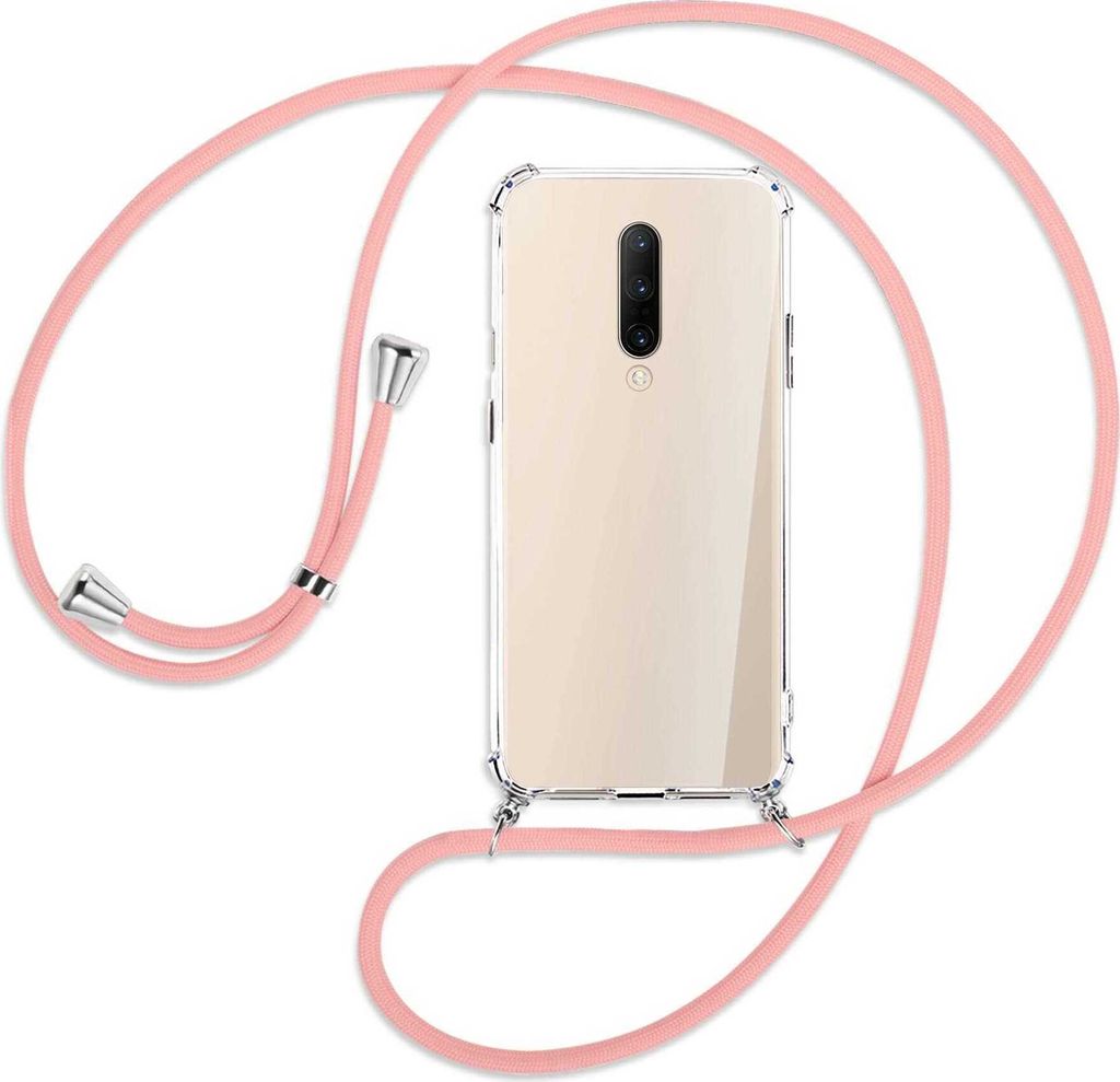 Handykette Backcover-Schutzhülle mit Band (Metall silberfarben) für OnePlus 7 Pro - rosa