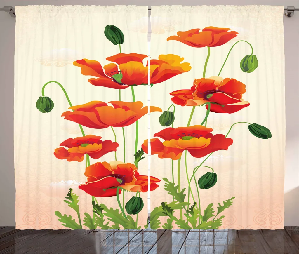 ABAKUHAUS Tenda rustica con motivo papaveri, composizione floreale, tende universali per soggiorno con passanti e ganci, 280 x 245 cm, color crema vermiglio verde