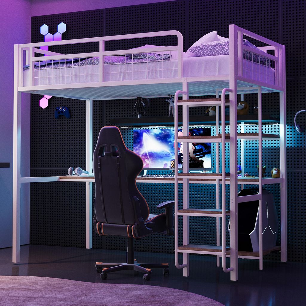 A loft bed with a desk and shelves underneath, set up in a modern bedroom with gaming-themed decor.