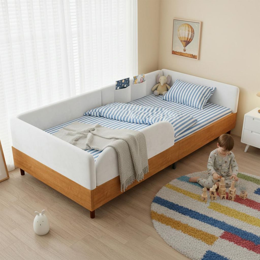 Polsterbett Einzelbett 90x200cm Weiß Samt und Holz Design mit 2 Stautaschen Antikollisions Schwammkante Stabiler Bettrahmen ohne Matratze